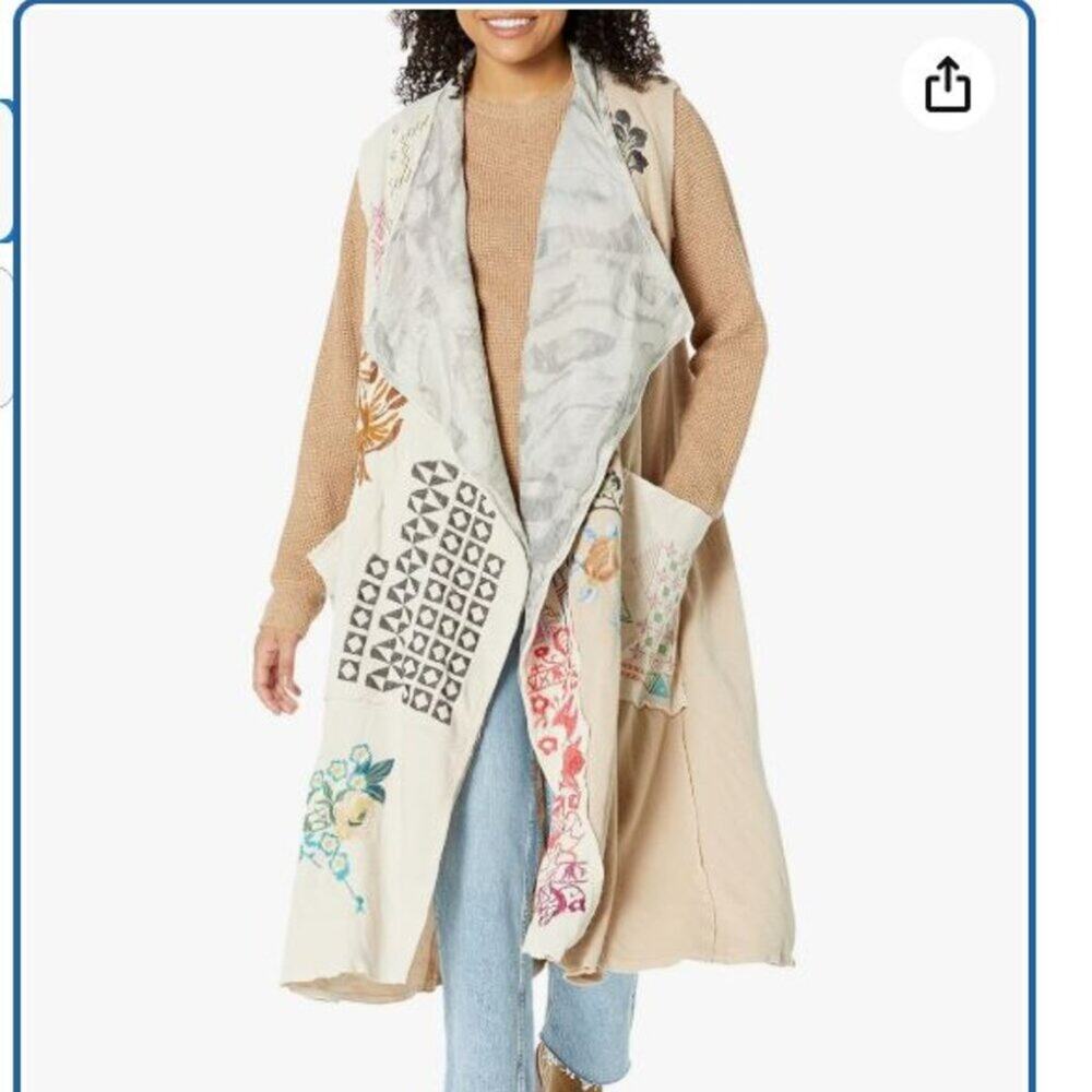 NEW Johnny Was BIYA Embroidered Longline Knit Vest XL Draped Boho Patch Pockets